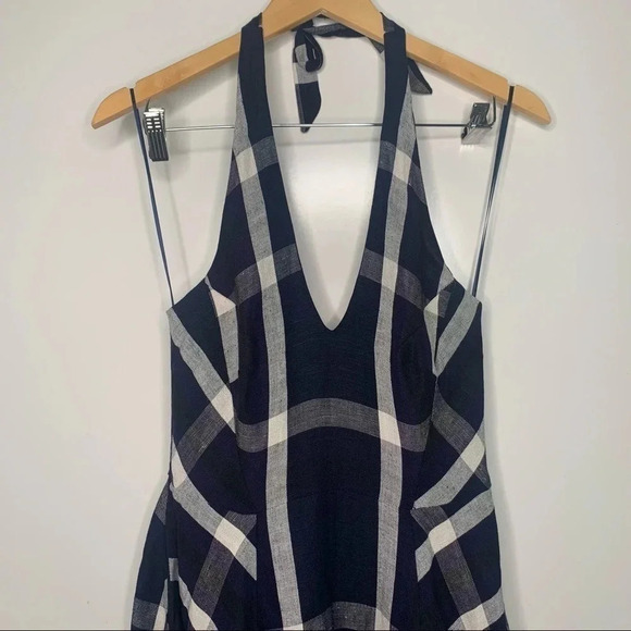 Eva Franco Anthropologie Anya Navy Plaid Linen Blend Halter Dress Size 2 - Picture 4 of 11